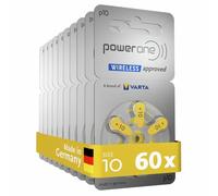 Power one Hearing Aid Batteries Typ 10 yellow, Bulk Pack of 60, 1.45 V | wireless approved for Bluetooth hearing aids, Size p10, zinc air technology, mercury-free, dispenser, Made in Germany
