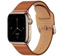 POWER PRIMACY Leather Bands Compatible with Apple Watch Band 38mm 40mm 41mm 42mm-Series 10,Genuine Leather Strap Compatible for Women Men iWatch SE Series 10 9 8 7 6 5 4 3 2 1(Brown/Plating Gold)