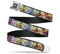 Power Rangers Belt, Seatbelt Buckle Belt, Power Rangers and Zord Action Pose Blocks, Adjustable, Pink, Yellow, Blue, Red, 1.5" Wide - Fits Pant Size 24-38