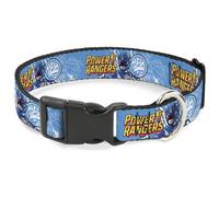 Power Rangers Plastic Clip Dog Collar | Power Rangers Blue Ranger Triceratops Pose and Coin Icon Durable Adjustable ID Tag Ring Side Release