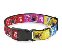 Power Rangers Plastic Clip Dog Collar | Power Rangers Face and Power Icon Blocks Multi Color Durable Adjustable ID Tag Ring Side Release