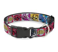 Power Rangers Plastic Clip Dog Collar | Sabans Power Rangers Ranger Zord and Icon Blocks and Logo Durable Adjustable ID Tag Ring Side Release