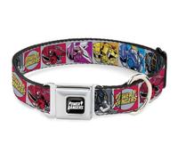 Power Rangers Seatbelt Buckle Dog Collar | Sabans Power Rangers Zord and Icon Blocks and Title Logo Durable Metal Adjustable ID Tag Ring