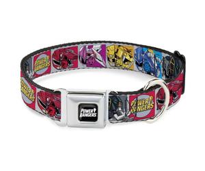 Power Rangers Seatbelt Buckle Dog Collar | Sabans Power Rangers Zord and Icon Blocks and Title Logo Durable Metal Adjustable ID Tag Ring