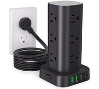 Power Strip Tower with Multiple Outlets, Flat Plug Surge Protector Tower Extension Cord with 12 AC Outlets, 4 USB Ports (2 USB C), 10ft Cord, Protector