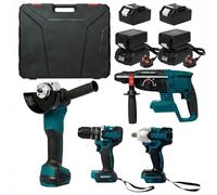 Power Tool Brushless Cordless 4-Tool Kit 21V with 4 Batteries | Includes Combi Drill, Impact Wrench, Angle Grinder & Hammer Drill in a Carry Case for DIY, Construction & Vehicle Work