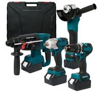 Power Tool Combo Kit - 21V 4-Tool Set with Angle Grinder, Drill, Electric Hammer, Impact Wrench & 4 Batteries - Includes Carry Case