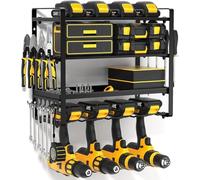 Power Tool Organizer Wall Mount, Heavy Duty Drill Holder For 4 Power Drill Tools, Storage Rack For Cordless Drill With Side Screwdriver Rack And Hooks For Garage, Workshop, Mesh Design Tool Shelving