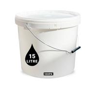 PowerChem 100 X 15L Plastic Bucket Pail + Handle & Lid - Food Grade Bpa Free For Feed Dry Food Liquids Chemicals Storage Container White