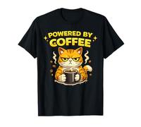 Powered by Coffee Cat Grumpy Holding Mug Morning Mood T-Shirt