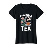 Powered By Tea Floral Steam Cup Art Value Graphic T-Shirt, Women, Black, M
