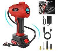 Powered Handheld Air Compressor, Cordless Tyre Inflator with 1500mAh Rechargeable Battery & 12V Car Adapter，Portable Inflator Pump Applicable to Cars Tire, Motorcycles, Bikes (Red)