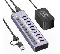 Powered USB 3.0 Hub, 10-Port USB Hub Splitter with Individual Switches and Indicators, 7 USB 3.0 Data Transfer Ports, 3 2.4A Smart Charging Ports + 12V3A UL Listed Power Adapter