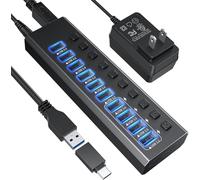 Powered USB 3.0 Hub Aluminum 10 Port USB 3.0 Data Hub with 12V/4A (48W) Power Adapter and Individual On/Off Switches & LED