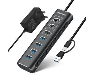 Powered USB 3.1/3.2 Hub RSHTECH 7-Port USB C Hub with 10Gbps USB-A and 2 USB-C Data Ports + 4 USB 3 Port, Aluminum USB Splitter with 12V Power Supply and 3.3ft USB Cable (RSH-A107C), Black