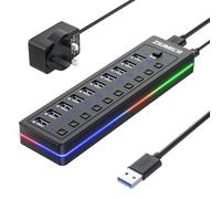 Powered USB Hub, 10-Port USB 3.0 Hub with RGB LED Strip -5Gbps Data Transfer,Individual LED On/Off Switches and 12V/2A Power Adapter for Laptop, PC, Mouse, Keyboard, Hard Drive or More USB Devices.
