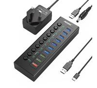 Powered USB Hub 10Gbps, 10 Ports USB C 3.2 Hub Splitter with 7×USB 3.2 Data Ports, 3×Fast Charging Ports, 36W Power Adapter and 2 USB Cable 3.3ft, Aluminum USB Powered Hub for Laptops, PC and More