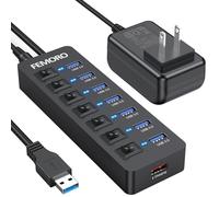 Powered USB Hub 3.0, 5Gbps Data Transfer 7 Ports and 12W Charging-only 1 Port with 5V/3A Power Adapter 4Ft Long Cable & Individual LED Switches for Laptop PC Flash Drive SSD HDD Keyboard Mouse...