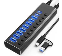 Powered USB Hub 3.2, 10-Port USB 3.2/USB C Hub (10Gbps USB-A 3.2 +2 USB-C 3.2 +7 USB 3.0 Ports) with Individual On/Off Switches and 12V Power Adapter, Aluminum USB Hub Powered for Laptop PC