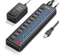 Powered USB Hub, JESWO 11 Port USB 3.0 Hub, 10 USB 3.0 Data Transfer Ports + 1 Smart Charging Port, USB Hub Powered with Individual LED On/Off Switches and 12V/3A Power Adapter