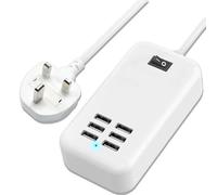 Powered USB Hub, Multi USB Charging Station 6 USB Ports Hub Strip Adapter 1.8M Long Power Cable Power Supply for PC Laptop Ultrabooks Desktops, with On/Off Switch Universal AC to DC Hubs, White
