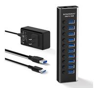 Powered USB Hub, Rosonway 10 Port USB 3.1 Hub 10Gbps with 36W (12V/3A) Power Adapter, Type A and Type C Cables, Aluminum USB C Hub Splitter for PC and Laptop (RSH-A10S)