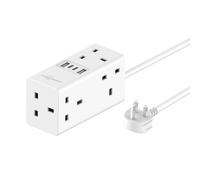 PowerFast Cube Extension Lead with 2 USB & 2 Type-C Ports, 4 Way Multi Plug Extension Cable with Child Safety, UK Desktop Power Extension Socket, 1.5M Extension Cord for Home, Travel (White, 1.5M)