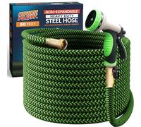 PowerFlow Garden Hose, NON-EXPANDABLE 50 Feet Premium Quality Stainless Steel Metal Water Hose with Durable Fabric Skin, Hose For Commercial, Residential Use, Bonus 10-way Spray Nozzle