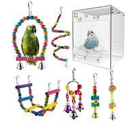 Powerful Bird Bathtub, Hanging Bird Cage Bird Bath Bowl Transparent Acrylic Bird Bath House Big 17 * 13 * 13 (Transparent+ 6 bird toys)