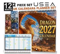 Powerful Desk Calendar Spiral 2027 Dragon Wall Calendar & Planner 8.3", C | Thick 200gsm Copperplate Paper, Desk Calendar 2027 Marked UK Holidays & A3 Monthly Planner Set, for Office/Dorm, Family Decor