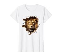 Powerful Lion Head Emerging Cracked Wall Value Graphic T-Shirt, Women, White, XL