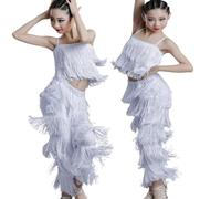 Powerful Outfits for Girls, Unique Dance Costume Set, Ruffled Jumpsuit with Fringes, Stage Clothing for Children from 3 to 14 Years (White, 6-7 Years)