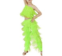 Powerful Outfits for Girls, Unique Dance Costume Set, Ruffled Jumpsuit with Fringes, Stage Clothing for Children from 3 to 14 Years (Green, 10-12 Years)