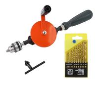 Powerful Speedy Hand Drill 1/4-Inch Capacity with 13Pcs Drill Bit Set, Mini Hand Drill Manual ¼ inch with Finely Cast Steel Double Pinions Design, Chucks and Grip Handle for Woods, Plastics