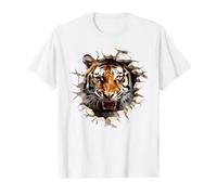 Powerful Tiger Emerging Cracked Wall Effect Value Graphic T-Shirt, Men, White, XL
