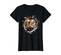 Powerful Tiger Emerging Cracked Wall Effect Value Graphic T-Shirt, Women, Black, XS