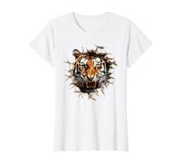 Powerful Tiger Emerging Cracked Wall Effect Value Graphic T-Shirt, Women, White, XS