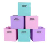 powerking Fabric Storage Box Bins, 6 Pack Foldable Cloth Storage Cube Organizer Drawer with Metal Handle For Closet And Toys Storage,Lavender+Light Blue+Pink
