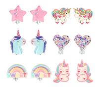 powerking Unicorn Clip On Earrings for Little Girls, Bling Earrings Rainbow Earrings for Kids, 6 Pairs, Best Gift