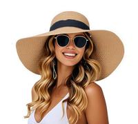 powerking Wide Brim Straw Sun Hat, UV Protection Summer Hat Packable Foldable Floppy Beach Sun Hats for Womens, Coffee