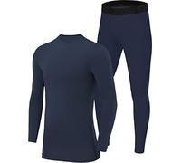 PowerLayer Men's Performance Base Layer Thermal Long Sleeve Top & Tights Compression Set - Navy + Navy, L