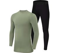 PowerLayer Skins for Boys Kids Base Layer Thermal Long Sleeve Top & Tights Football Compression Set - Army Top + Black Tights, 12-14 Years
