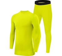 PowerLayer Skins for Boys Kids Base Layer Thermal Long Sleeve Top & Tights Football Compression Set - Lime Punch Top + Lime Punch Tights, 10-12 Years