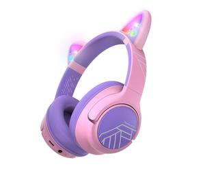 PowerLocus Kids Wireless Headphones, Cat Ear LED Lights, 74/85/94dB Volume Limited, Kids Bluetooth Headphones Over Ear, 45H Playtime, HD Stereo, Fun Stickers, Built-in Mic for iPad/Travel/PC/Tablet