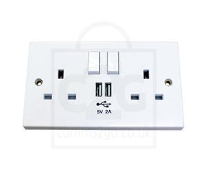 POWERLYNX 2 Way UK Mains Socket 2 USB Charge Ports Wall Plate Power Power Outlet Faceplate