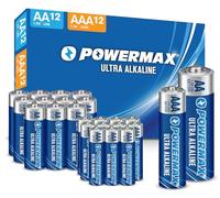 Powermax Dual AA and Triple AAA Batteries, 24 Pack Combo Pack, 12 Count Each, Long Lasting Alkaline Battery, 10 Year Lifespan, Rechargeable Packaging