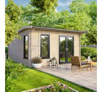 Powersheds Apex Roof Log Cabin 14'x14', Double Doors, Anthracite Grey uPVC
