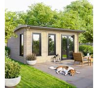 Powersheds Apex Roof Log Cabin 16' x 14', 44mm Anthracite Grey Timber, Burford Style Skirting