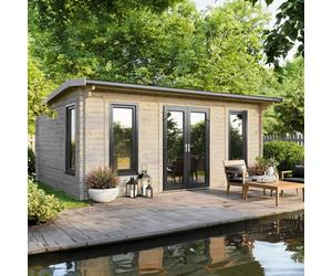 Powersheds Apex Roof Log Cabin 20' x 16', uPVC Double Doors, Anthracite Grey, Timber Burford Style Skirting