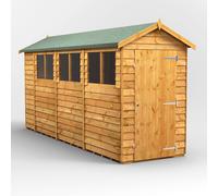 Powersheds Apex Roof Single Door Overlap Garden Shed 14ft x 4ft, Golden Brown Timber, Rustic Cladding